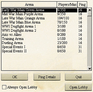 Aces High Arena online multiplayer List