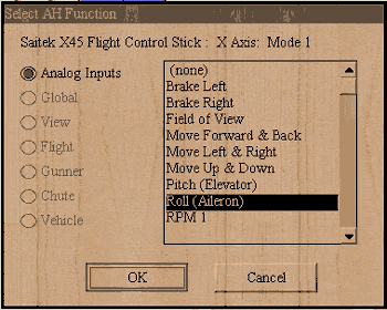 Select the command to map to a button, wheel, slider, throttle, or rudder, of the joystick or mouse, in Aces High